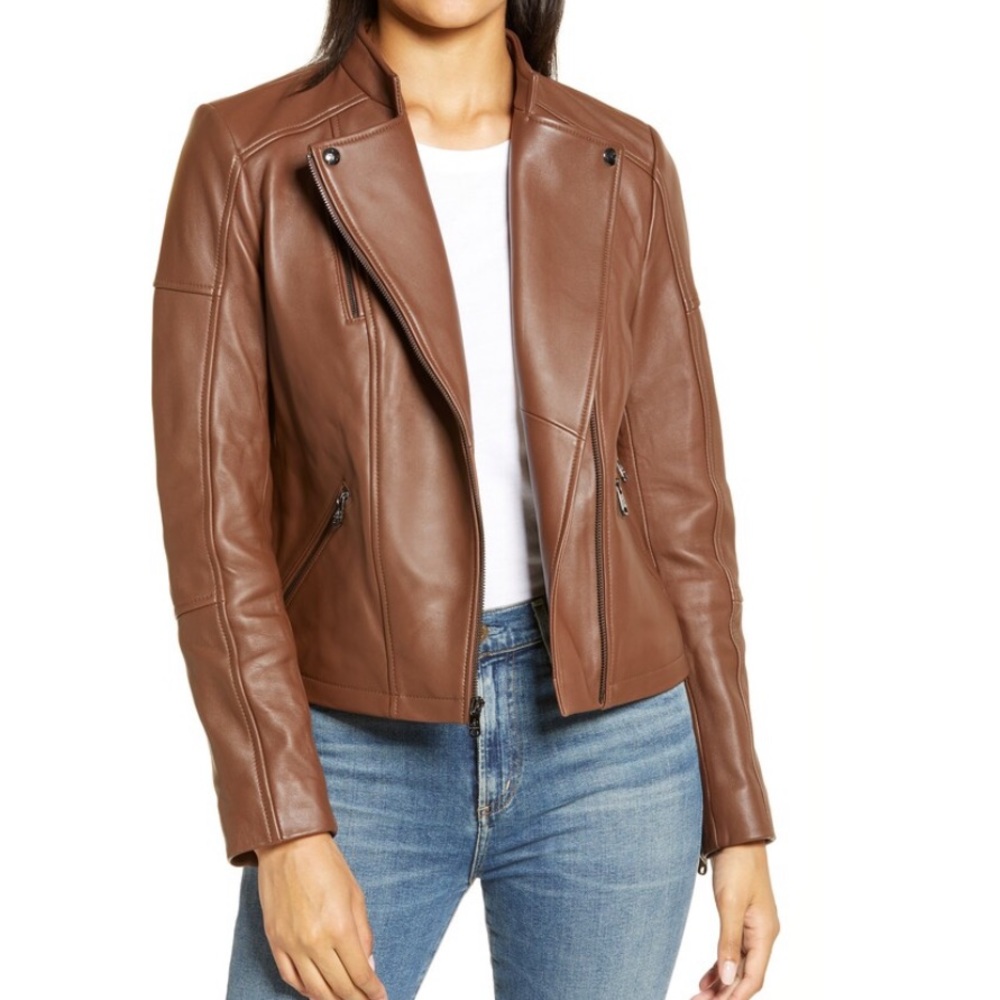 NWT Sam Edelman Brown Leather Moto Jacket